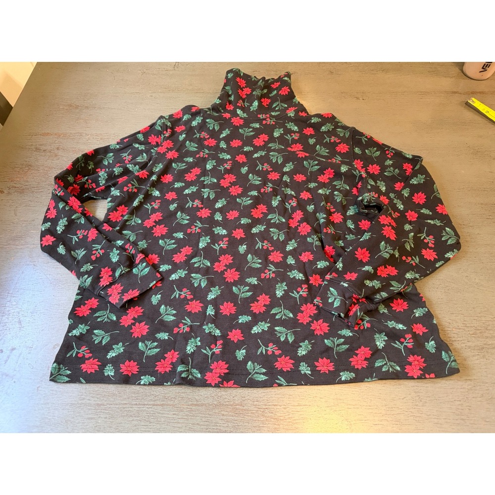 Wish For Joy Poinsettia Floral Turtleneck Black Red Green Christmas Large 14-16